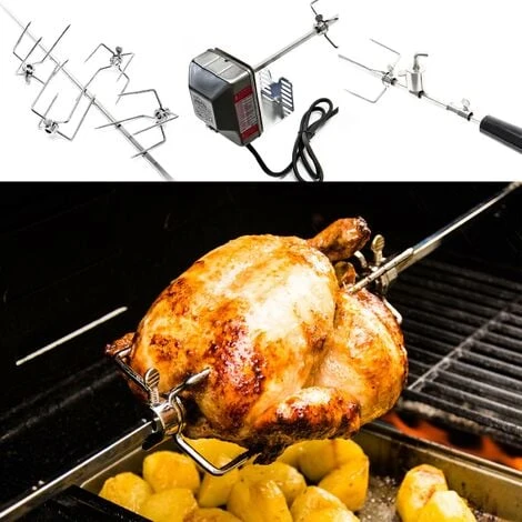 WILTEC Broche BBQ 110cm 230V En Acier Affiné 2 Fourches Incluses Tournebroche Masselotte D'équilibrage – Image 2