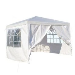 WILTEC Tonnelle De Jardin 3x3m Blanche Avec Panneaux Latéraux Amovibles Grandes Fenêtres Tente Fête Camping