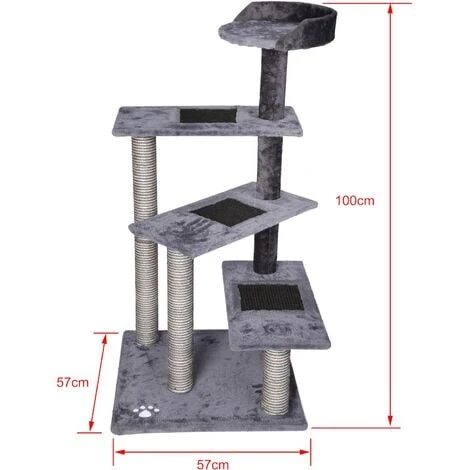 WILTEC Arbre à Chat 100 Cm Corde En Sisal Gris/ Gris Clair Avec 3 Zones De Couchage 1 Plateforme Griffoir – Image 4