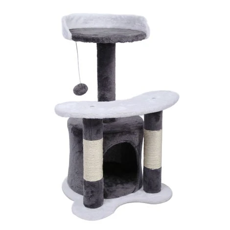 WILTEC Arbre à Chat 65 Cm Gris/ Blanc Avec Corde En Sisal Plateforme Niche Et Balle De Jeux Griffoir