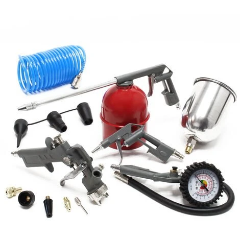 WILTEC Kit 13 Pcs. Outils à Air Comprimé Pneumatique 4 Pistolets Pneumatiques Buses 5 Mètres Tuyau Spiralé