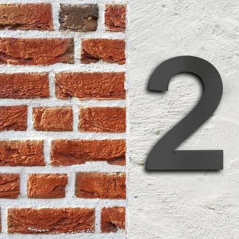 WILTEC Plaque Numéro Maison "2" Arial Anthracite 3D 20cm Acier Fin Résistant Intempéries Matériel Fixation – Image 2