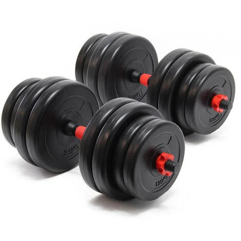 WILTEC Kit D’haltères Courts 30kg Coffret 16 Plaque Poids Ciment 2 Barres Haltères Moletées Loquet étoile – Image 2