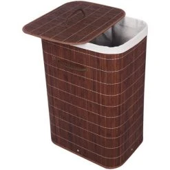 WILTEC Panier à Linge Bambou Pliable 72L Sac à Linge Couleur Marron Rectangulaire Couvercle & Poignée