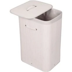 WILTEC Panier à Linge En Bambou Pliable 72L Sac à Linge Couleur Blanche Rectangulaire Couvercle & Poignée