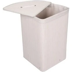 WILTEC Panier à Linge En Bambou 57L Pliable Avec Sac à Linge Couleur Blanche Angulaire Avec Couvercle