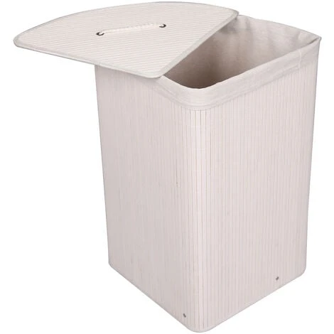 WILTEC Panier à Linge En Bambou 57L Pliable Avec Sac à Linge Couleur Blanche Angulaire Avec Couvercle
