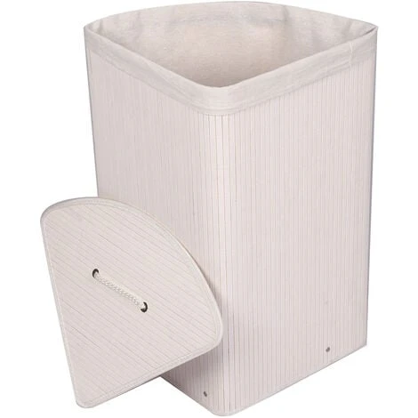WILTEC Panier à Linge En Bambou 57L Pliable Avec Sac à Linge Couleur Blanche Angulaire Avec Couvercle – Image 2