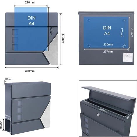 WILTEC Boîte Aux Lettres Avec Porte-journaux V48 Boîte Postale Murale Acier Inox Boîte Aux Lettres Gris Anthracite – Image 5