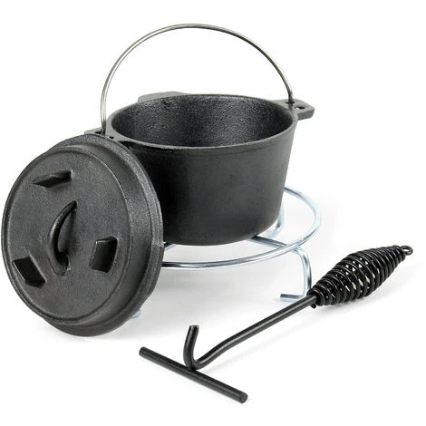 WILTEC Dutch Oven Marmite 1L Dessous-plat Lève-couvercle Fait-tout Fonte Pot Cuisson Feu Camp Camping