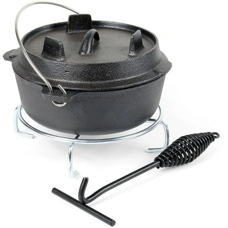 WILTEC Dutch Oven Marmite 2L Dessous-plat Lève-couvercle Fait-tout Fonte Pot Cuisson Feu Camp Camping