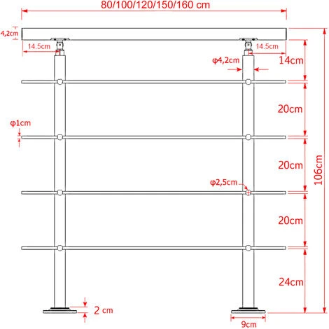 WILTEC Rampe Escalier Acier Affiné V2A 4 Tiges 180cm Rambarde Main Courante Balustrade – Image 3