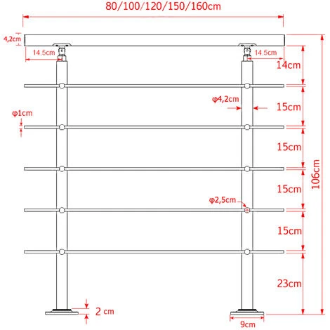 WILTEC Rampe Escalier Acier Affiné V2A 5 Tiges 160cm Rambarde Main Courante Balustrade – Image 3