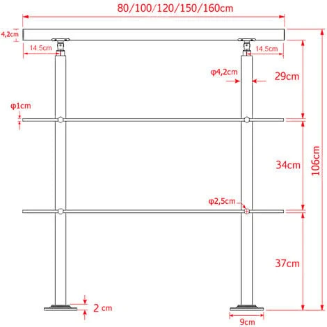 WILTEC Rampe Escalier Acier Affiné V2A 2 Tiges 180cm Rambarde Main Courante Balustrade – Image 3