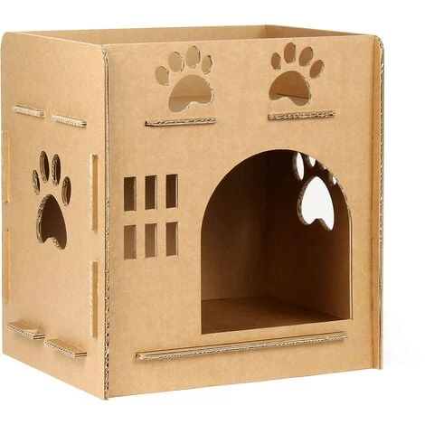 WILTEC Maison Pour Chats Carrée Niche En Carton Entrée Fenêtre Et Système De Raccordement Nichoir