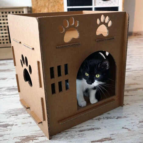 WILTEC Maison Pour Chats Carrée Niche En Carton Entrée Fenêtre Et Système De Raccordement Nichoir – Image 2