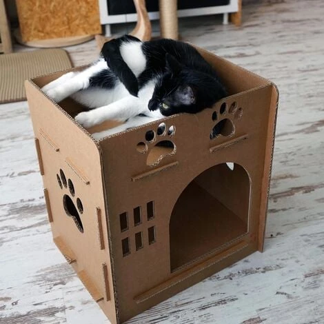 WILTEC Maison Pour Chats Carrée Niche En Carton Entrée Fenêtre Et Système De Raccordement Nichoir – Image 3