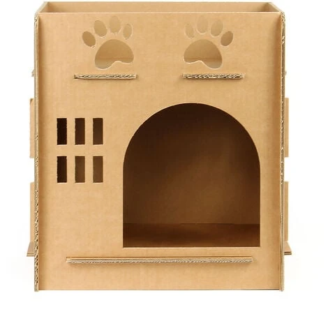 WILTEC Maison Pour Chats Carrée Niche En Carton Entrée Fenêtre Et Système De Raccordement Nichoir – Image 5