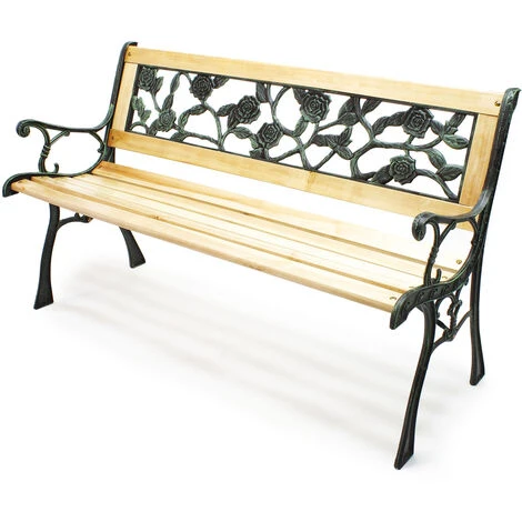 WILTEC Banc De Jardin Banquette Inge En Bois Et Fer De Fonte Dossier Avec Design De Roses Deux Places – Image 2