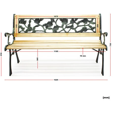 WILTEC Banc De Jardin Banquette Inge En Bois Et Fer De Fonte Dossier Avec Design De Roses Deux Places – Image 3