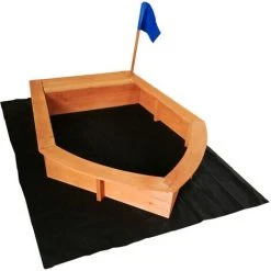 WILTEC Bac à Sable En Bois Forme De Bateau Drapeau 150x108x50cm Sol Non-tissé Jardin Jeux Plein Air Ludique