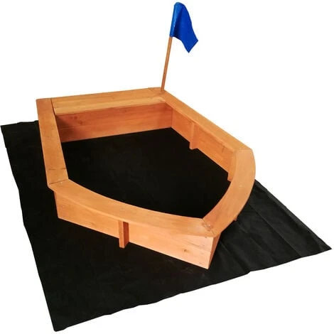 WILTEC Bac à Sable En Bois Forme De Bateau Drapeau 150x108x50cm Sol Non-tissé Jardin Jeux Plein Air Ludique