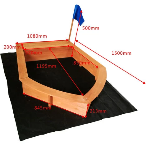 WILTEC Bac à Sable En Bois Forme De Bateau Drapeau 150x108x50cm Sol Non-tissé Jardin Jeux Plein Air Ludique – Image 2